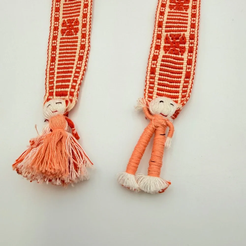 Vintage Handwoven Folk Art Sash Belt Orange Geometric Worry Doll Tassels 52